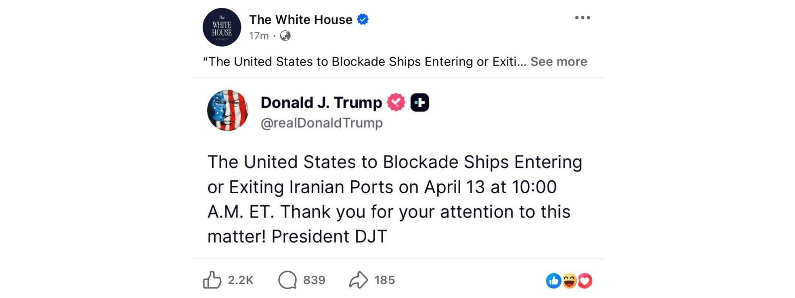 Trump says US to begin naval blockade